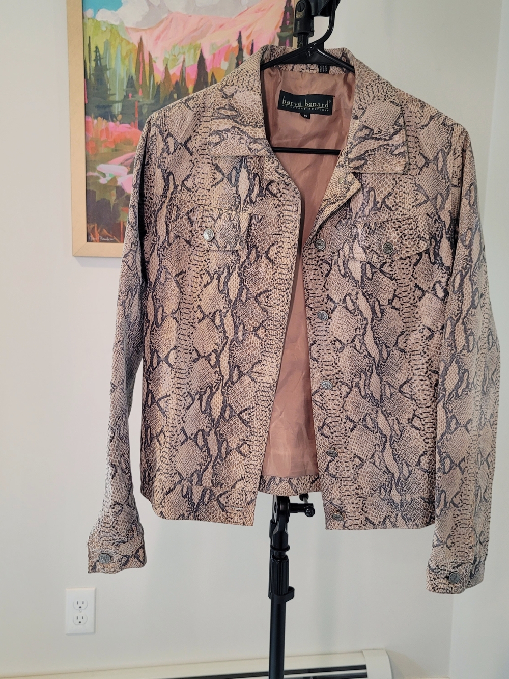 EUC HARVE BENARD Leather Snakeskin Print Jacket Tan Y2K Lined Women's Size M